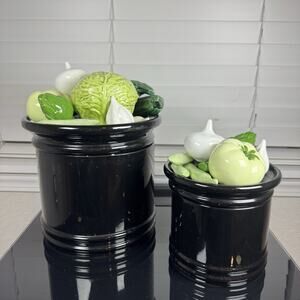 Fitz and Floyd Vintage Vegetable Canister Set Black Ceramic AS IS Crack Repair